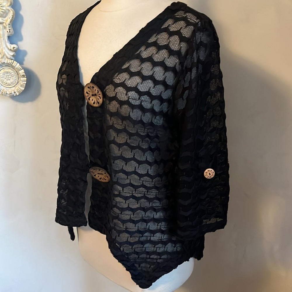 Nina Leonard Vintage Black Sheer Cardigan w/large wooden Buttons Size Large - Picture 5 of 15